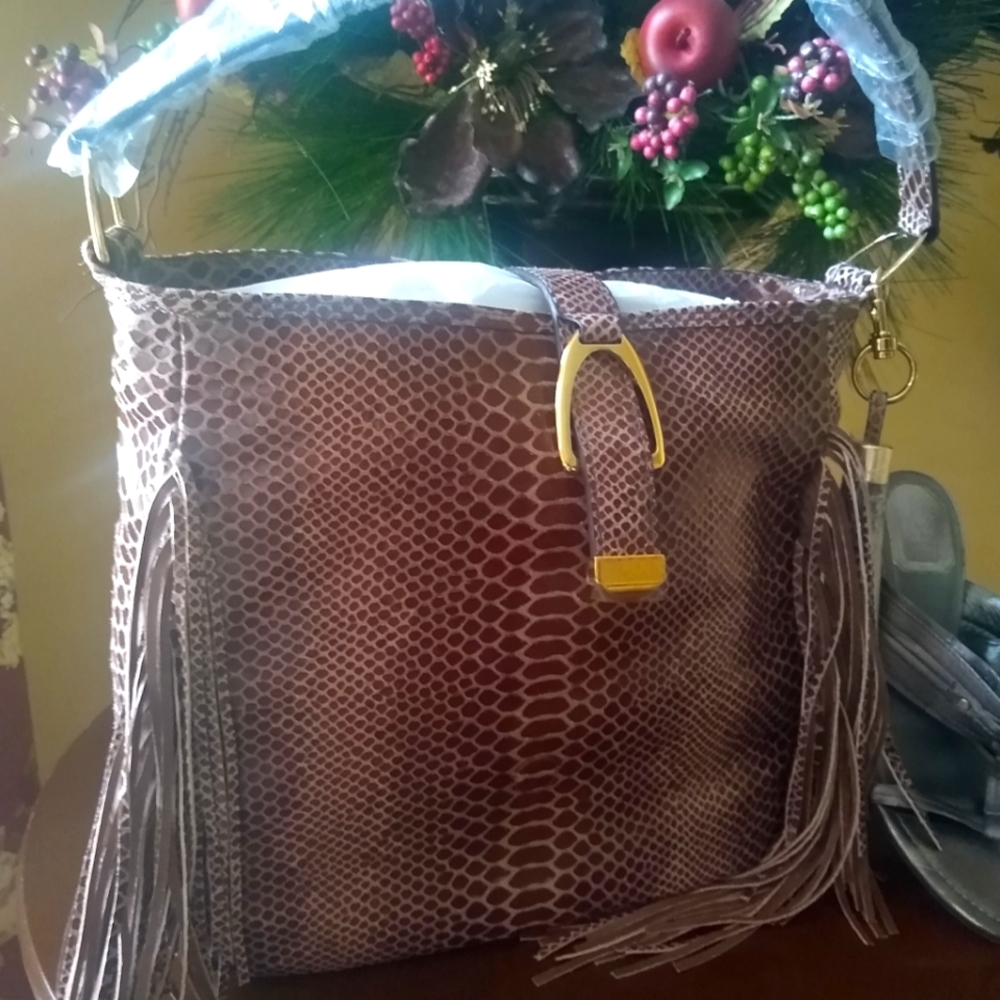 G.I.L.I. Leather Stirrup Fringe Sienna Cobra Hobo
